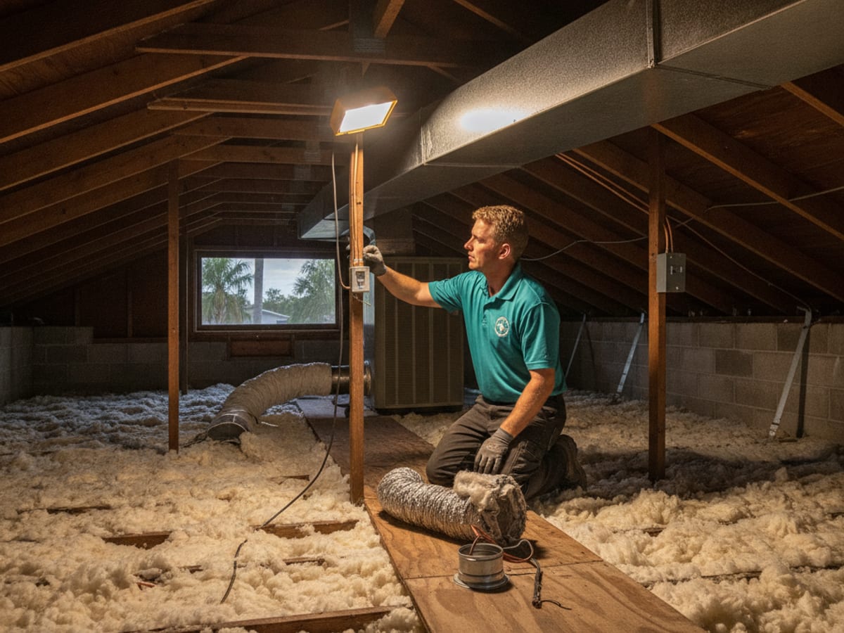 Technician repairing flexible ductwork in an Englewood attic
