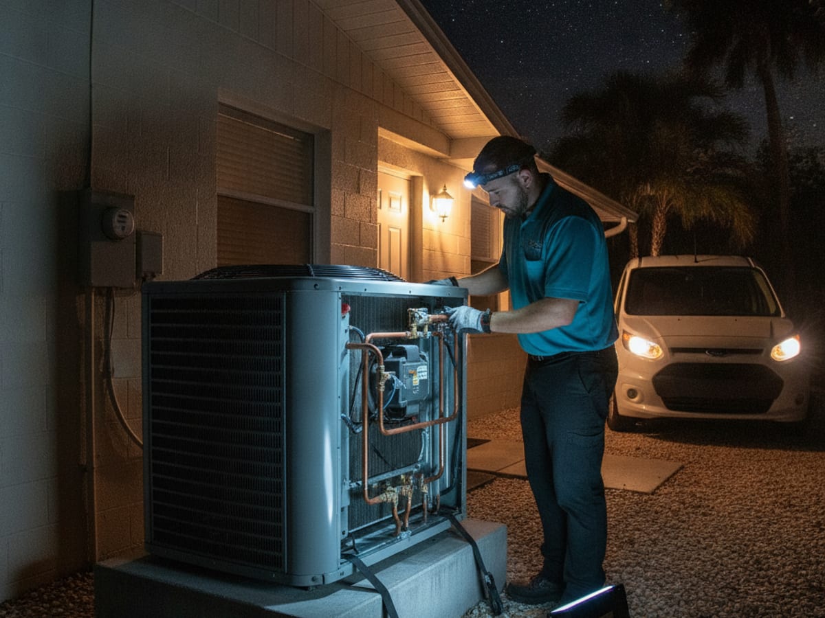 HVAC service van parked outside an Englewood home at night for an emergency call