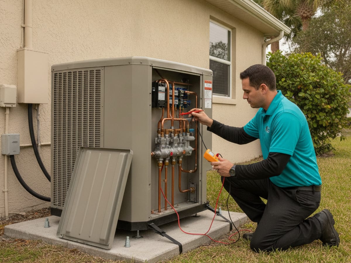 Heat pump condenser unit installed outside an Englewood home