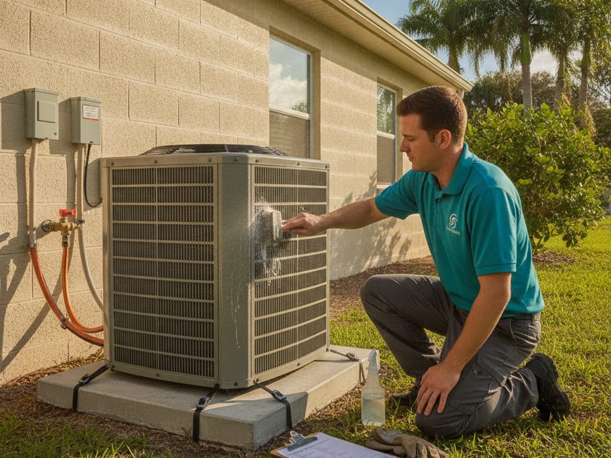 Technician checking refrigerant gauges during an HVAC maintenance visit in Englewood