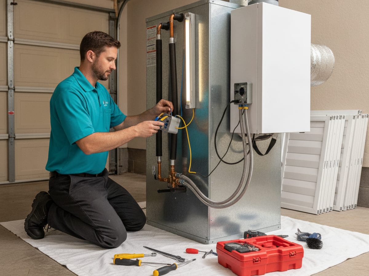 Whole-home dehumidifier installed next to an air handler in an Englewood home