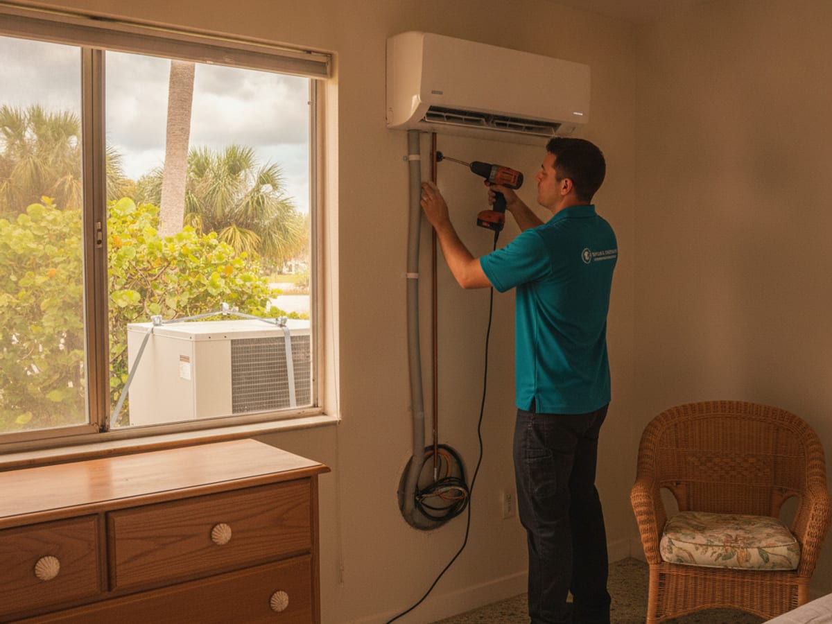 Wall-mounted mini split indoor unit installed in an Englewood bedroom